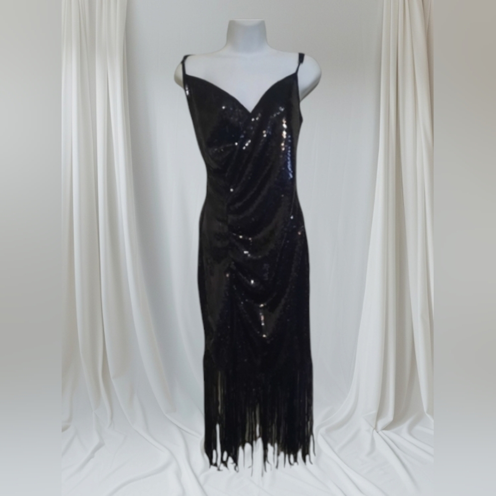 Black Dress Sequins V Neck Large Stretch LBD New Years Holiday
